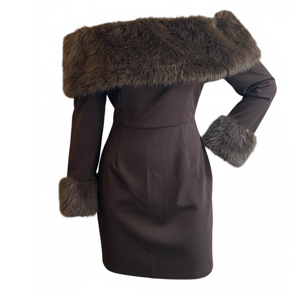 Off The Shoulder Faux Fur Trim Mini Dress Long Sleeve 2XL Brown #105T